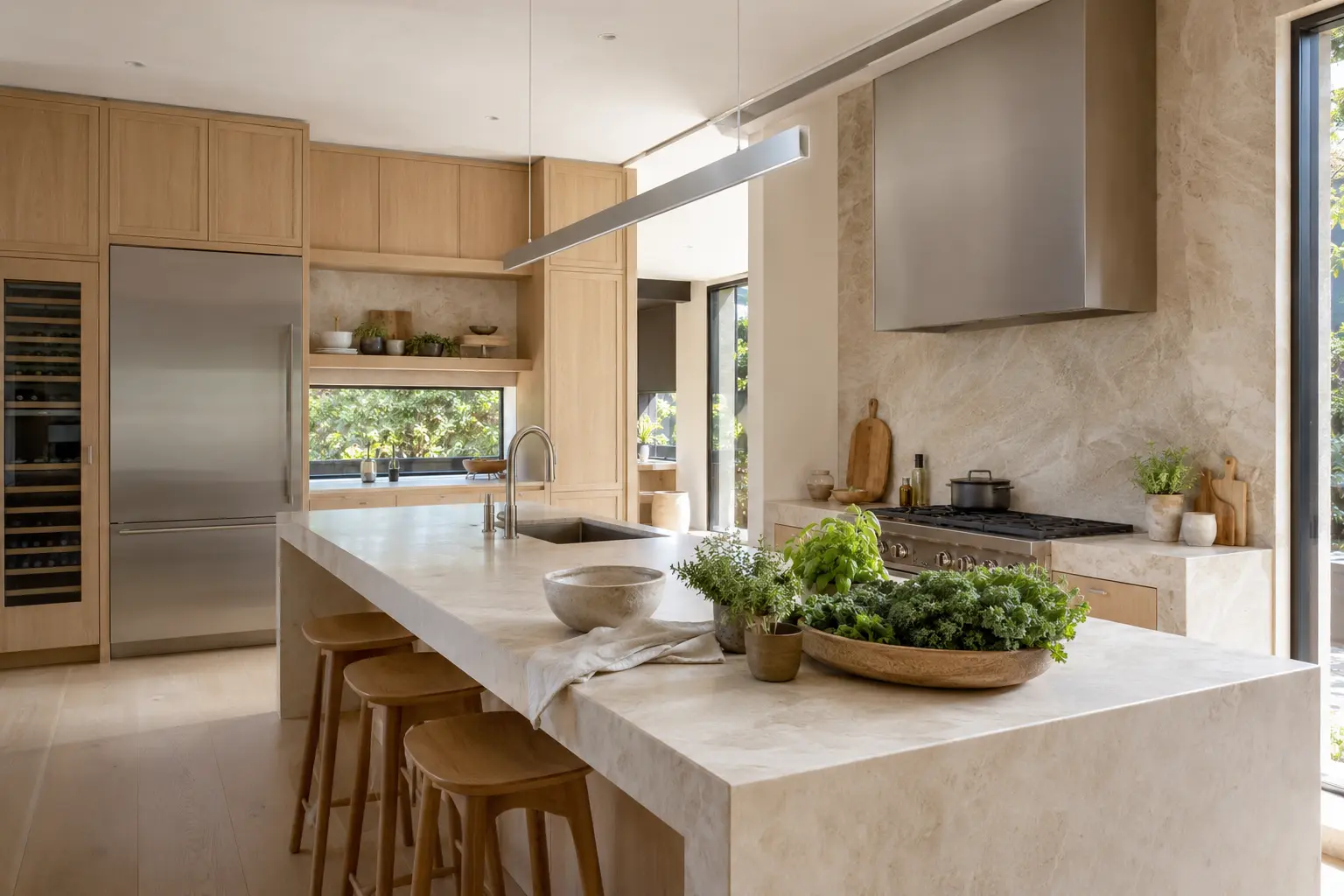 A contemporary home kitchen with fresh herbs