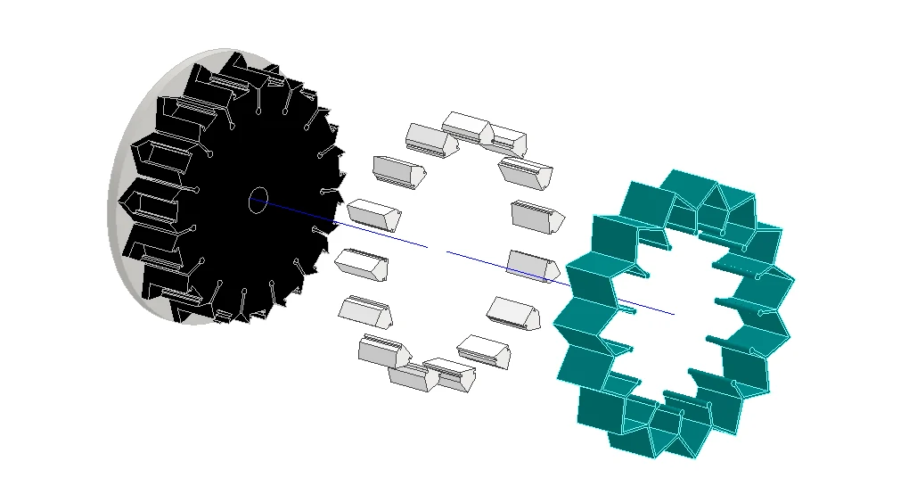 Exploded magnetic drive pinion and magnet locations
