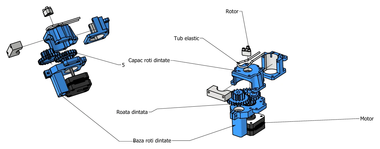 Exploded assembly of the FlavoRotor peristaltic pump
